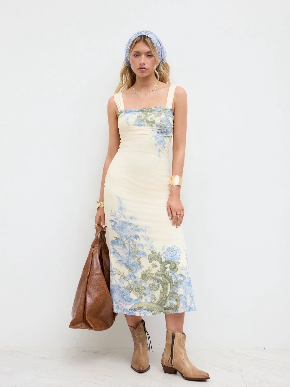 Pale Yellow Floral Square-Neck Midi Dress Blue